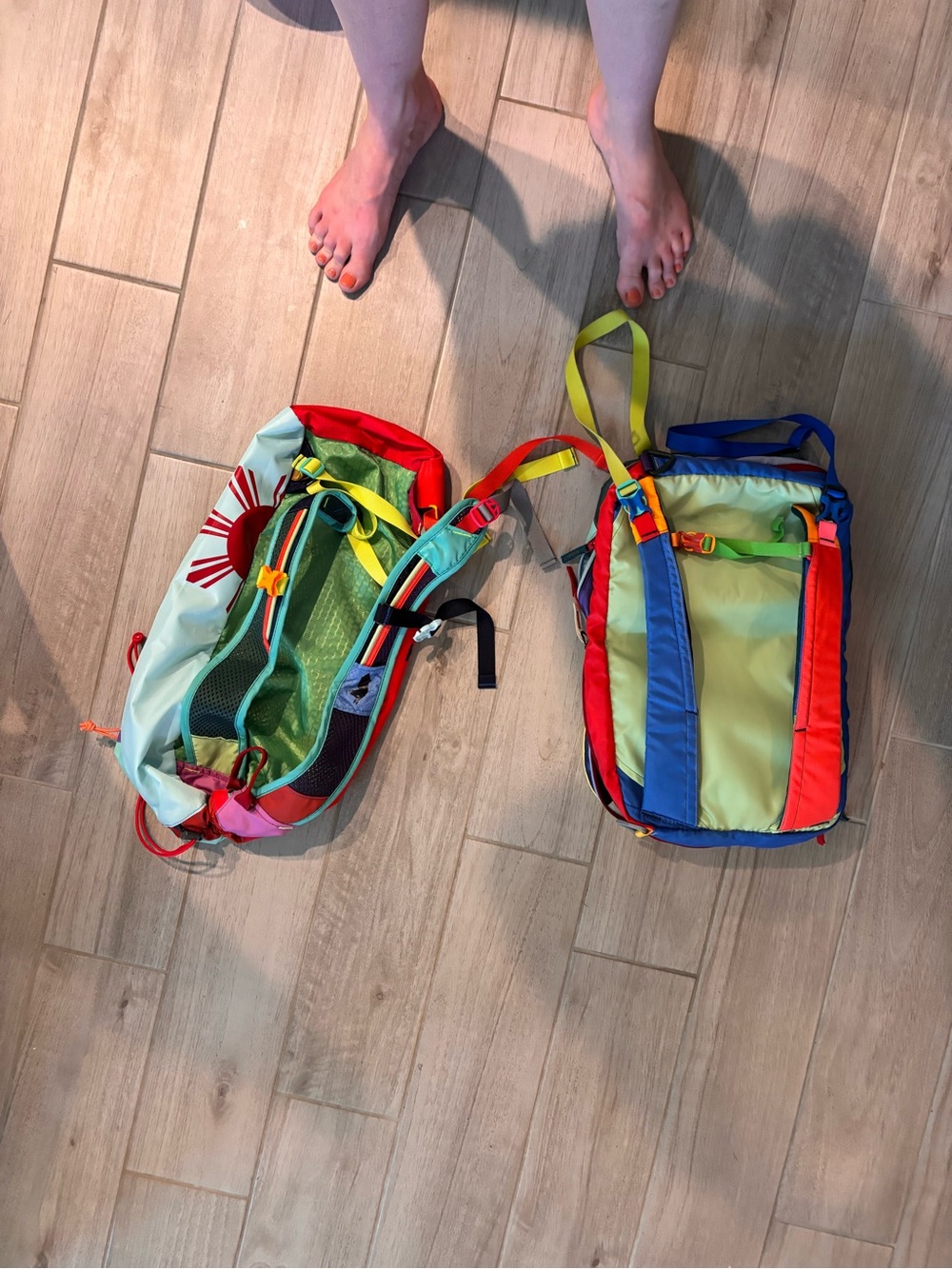 cotopaxi colorblock backpack in green, yellow, blue, purple, red - Picture 3 of 4